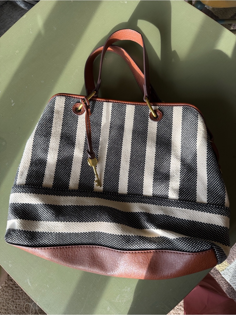 Fossil Black & White Striped Tote with Brown Trim